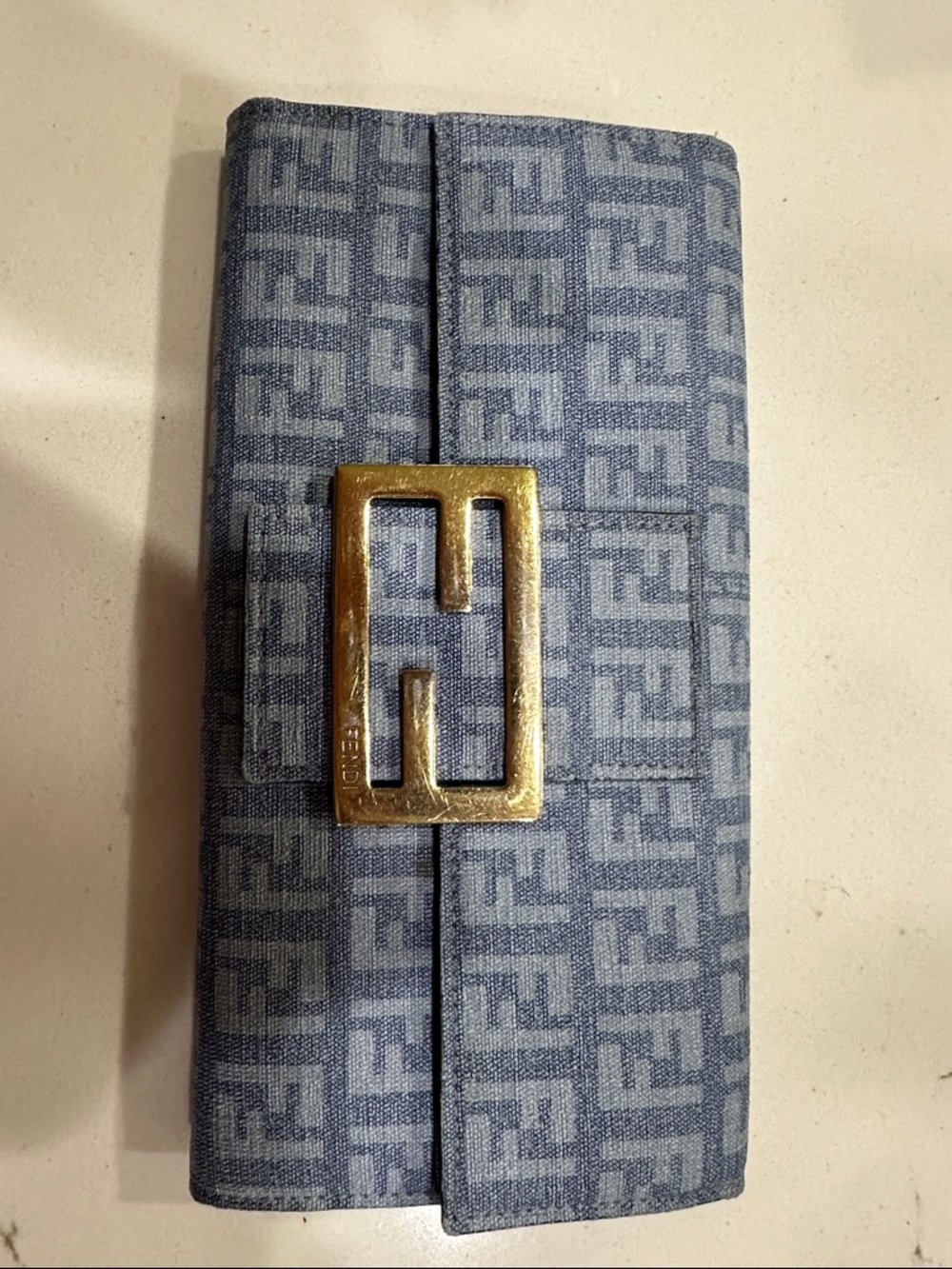 Fendi Vintage Zucca pattern Light Blue Monogram wallet with Gold Logo Accent